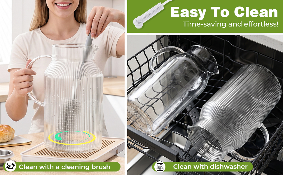 This glass cold water pitcher is suitable for both hand washing and dishwasher cleaning.