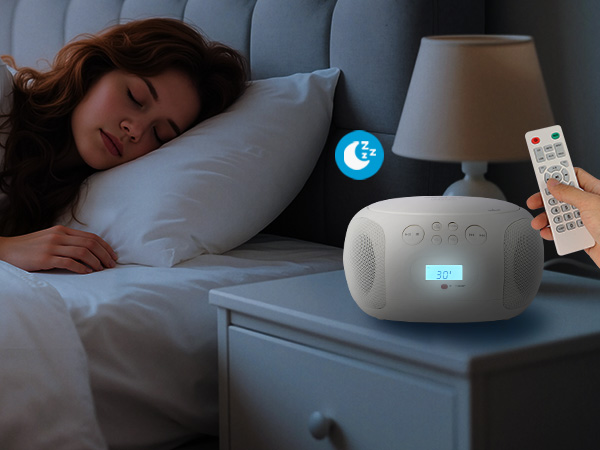 SEVLEE CD player with remote and sleep timer on bedside table woman sleeping peacefully