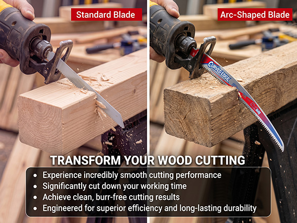 Text reads 'Standard Blade' 'Arc-Shaped Blade' 'TRANSFORM YOUR WOOD CUTTING' with bullet points: 'Experience incredibly smooth cutting performance' 'Significantly cut down your working time' 'Perfect for both hardwood and softwood' 'Engineered for superior efficiency and long-lasting durability'. Two hands demonstrating saw blade cutting techniques on wood.