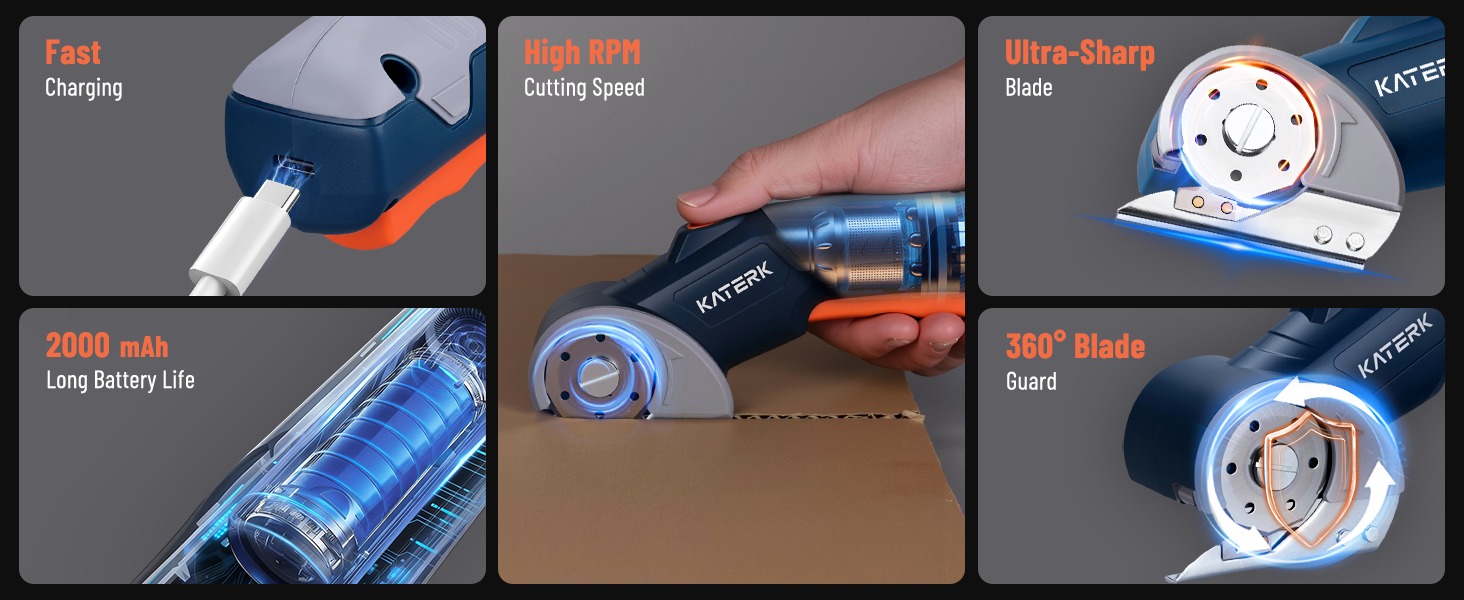 Rapid-charge, sharp cardboard cutter electric with 360° safety guard for swift, protected cutting.