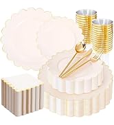 LIYH 210pcs Plastic Disposable Dinnerware Set - Ivory Plastic Scalloped Plates, Gold Foil Paper N...