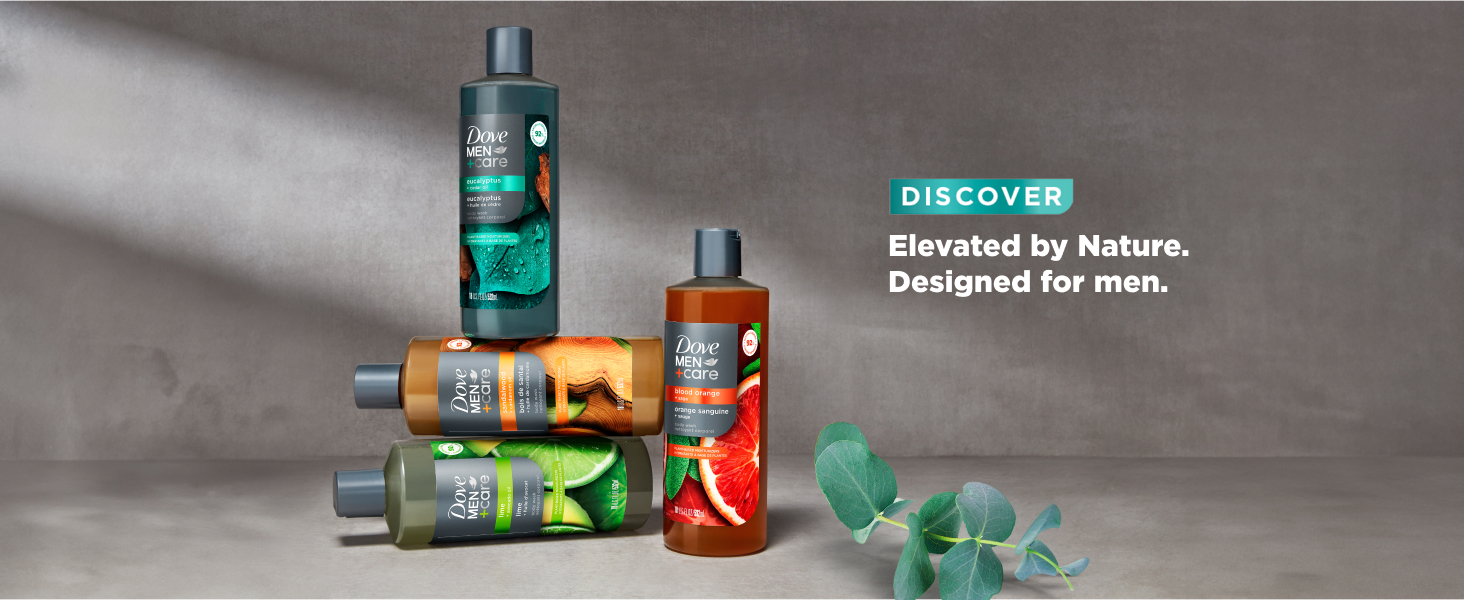 Four Dove Body Wash bottles stacked on dark grey background with piece of eucalyptus and text.