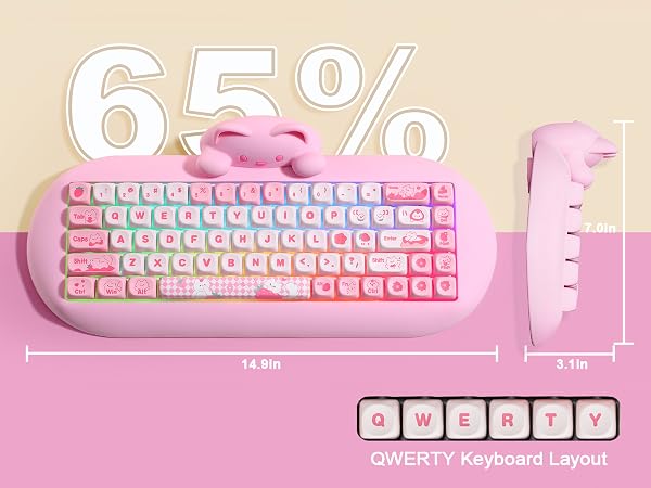 Text reads "65%", "QWERTY Keyboard Layout". Pink compact mechanical keyboard with cloud-shaped keycaps displayed with measurements 74.8mm and 3.1cm dimensions shown.