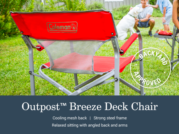 coleman outpost breeze deck chair mesh back strong frame relax angle sitting backyard tailgate party