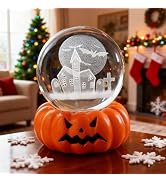 ZEERSHEE 3D Halloween Haunted House Crystal Ball with LED Pumpkin Decor Stand Pumpkin Lights for ...