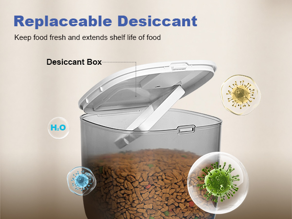 automatic cat feeder with replaceable desicant design to keep food fresh