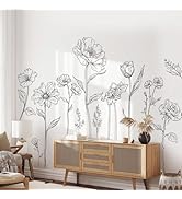 Large Black Boho Flower Wall Decals Simple Sketch Floral Wall Stickers Widflower Peel and Stick W...