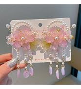 2Pcs Vintage Pink Flower Decorative Hair Clips,Sakura Alligator Hair Clips Tassel Pearl Barrettes...