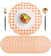 60 Pcs Orange and White Gingham Paper Placemats, 13.5 Inch Scalloped Checkered Place Mats Disposa...
