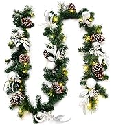 Goplus 9FT Pre-lit Christmas Garland, with 50 LED Lights, Timer, Pine Cones, Sliver Balls and Lea...