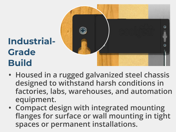 Industrial-grade powered USB hub with galvanized steel housing and secure usb wall mount design