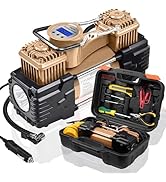 MESHUBA Dual Cylinder Tire Inflator Air Compressor with Tire Repair Kit and Toolbox Portable Air ...