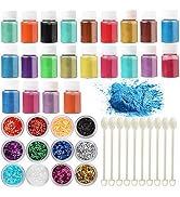 34-Color Epoxy Pigment Set of Mica Powder Colorant, Chunky Glitters, Stirring Spoons