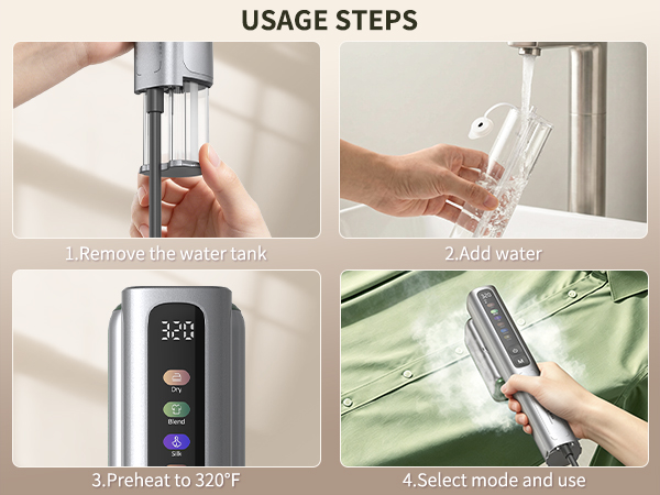 clothing steamer usage step: remove water tank, add water, preheat to 320°F, select mode, then steam