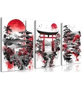 Frimeeme 3 Pieces Japanese Canvas Wall Art, Japanese Landscape Painting Prints, Red and Black Che...