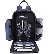 ALLCAMP OUTDOOR GEAR Picnic Backpack for 2 Person Set W/Detachable Bottle/Wine Holder, Fleece Bla...