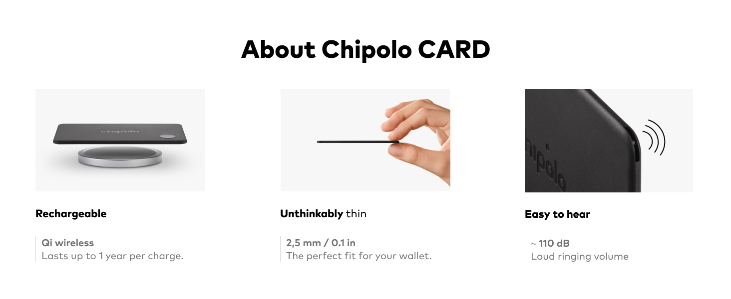 Text reads "About Chipolo CARD" with three features: "Rechargeable" (showing card shape), "Lightweight use" (showing measurement 0.5 mm / 0.2 in), and "Easy to find" (showing black card design).