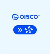 Text reads "ORICO" and Chinese characters. Blue logo and brand mark displayed on light blue background.