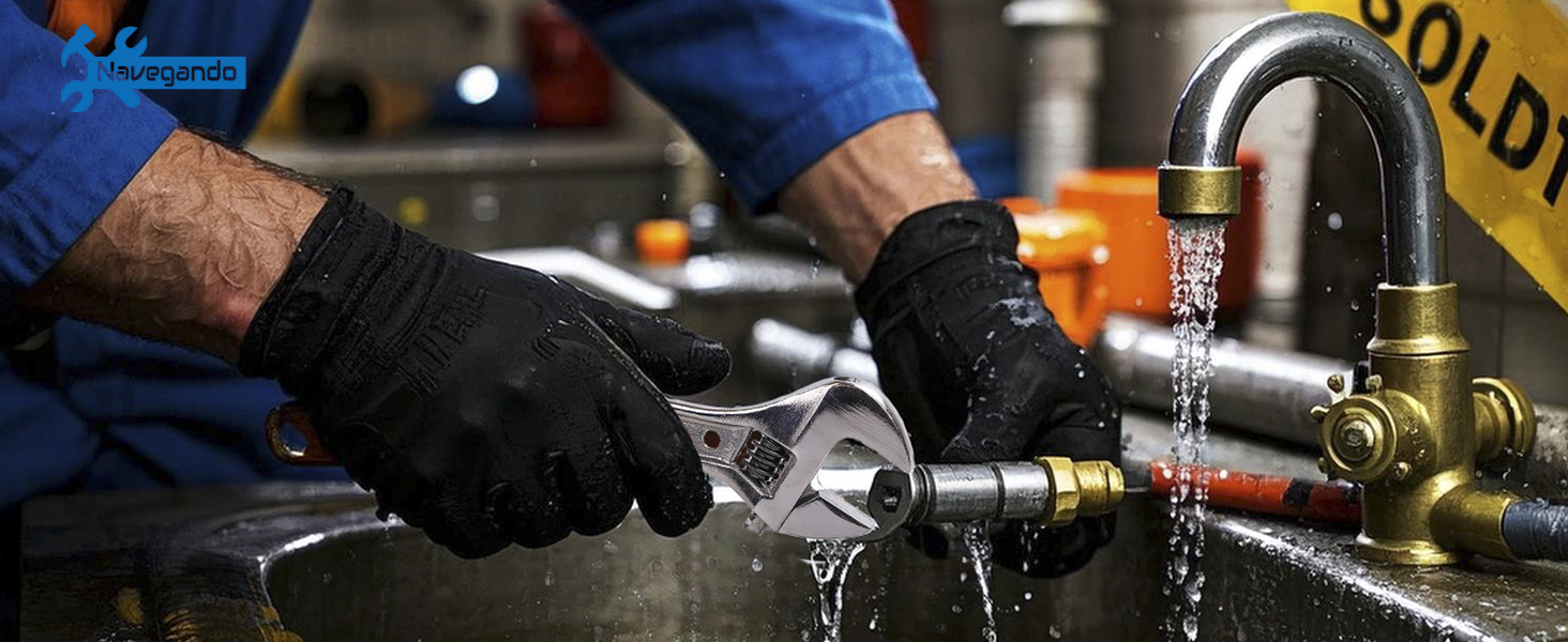 Plumber using adjustable wrench for pipe repair - high carbon steel wrench with non-slip grip