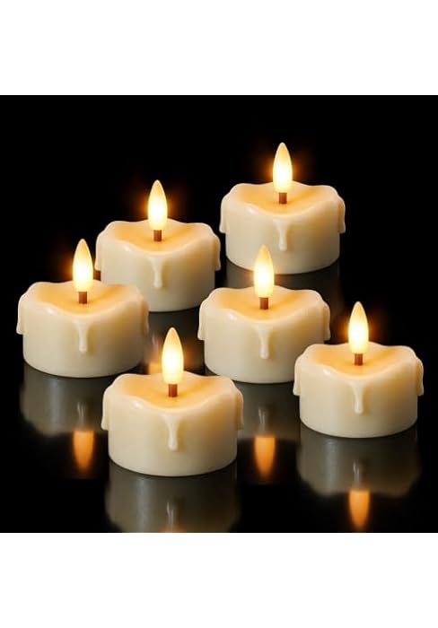 Real Wax Flameless Tea Light Candles, 6H Timer, Battery Operated, 6-Pack | Bone-color dripped-wax...