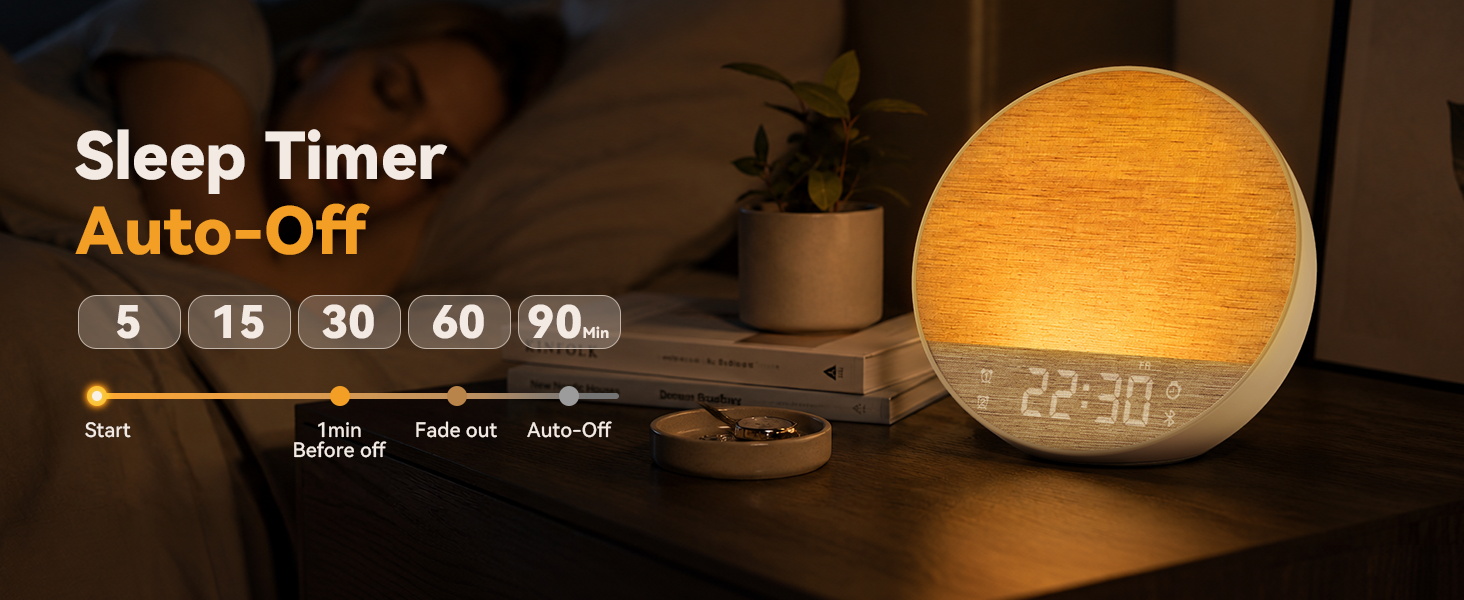 Bedside sleep sound machine device featuring automatic light fade out and timer controls.