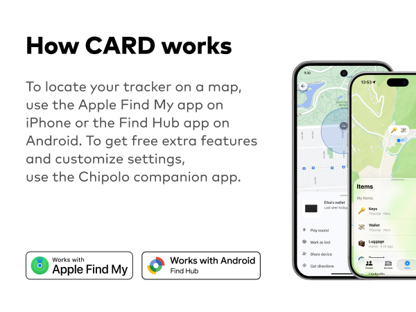 Text reads 'How CARD works', 'To locate your tracker on a map, use the Apple Find My app and iPhone or the Find My app on Android. To change colours and customize settings, use the CARD companion app.' Smartphone displaying map interface with CARD tracker app, Apple Find My and Android compatibility indicators.