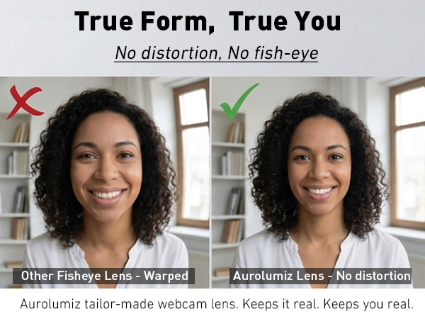 Text reads 'True Form, True You' and 'No distortion. No fish-eye.' Image shows two women's faces side-by-side comparison demonstrating camera lens quality without distortion.