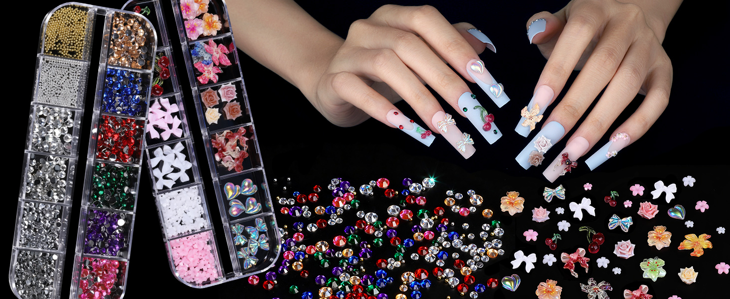 Colorful and Silver Rhinestones & 3D Flower & Cherry Nail Charms