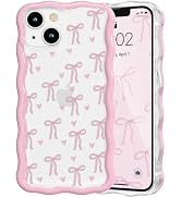 QLTYPRI for iPhone 15 Pink Bow Case, Clear Cute Pink Ribbon Bow Phone Case Curly Wavy Aesthetic P...