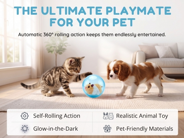 Interactive cat toys for indoor cats and interactive dog toys for small dogs chasing a blue ball.