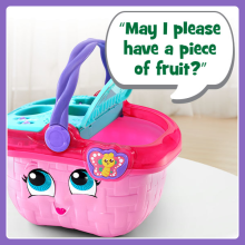 Shows basket teaching good manners like "May I please have a piece of fruit?"
