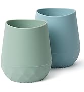 Two stemless silicone cups in pastel green and blue. Rounded bottom with textured grip. Matte finish, wide mouth opening. Suitable for drinking or holding items.