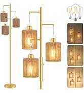 Hotsonic 72" Tall Boho Rattan Style Floor Lamp with Hand-Woven Paper Cord Shade, Dimmable Industr...