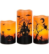 Lasumora Halloween Flameless Candles with 6-Hour Timer, Battery Operated Orange LED Pillar Candle...