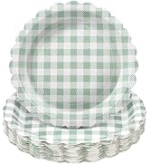 NatNarr 30 Pcs Sage Green Gingham Plates, 9 Inch Scalloped Camping Plaid Dessert Dinner Party Pla...