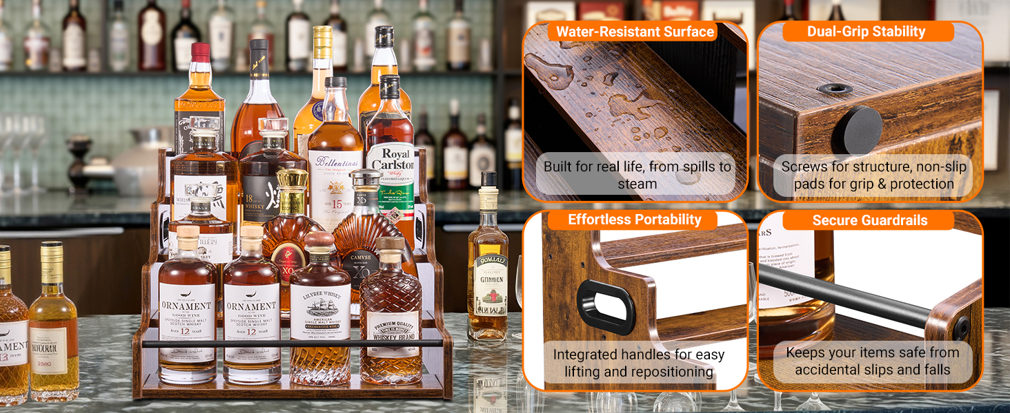 Waterproof wood wine rack with secure guardrails, integrated handles, and non-slip pads.