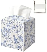 Blue Tissue Box Cover Square, Chinoiserie Tissue Holder 5.4x5.4x5.3 | Flroal Decorative Leather T...
