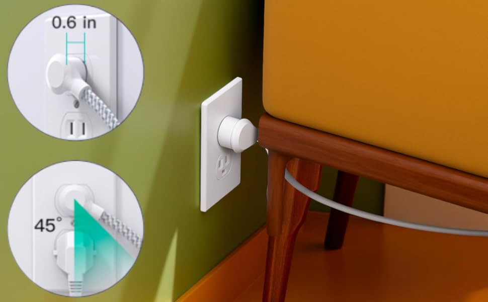 Flat Plug ,0.6 inch slim and 45-degree angled Plug design, Fitting behind a chair to save space.