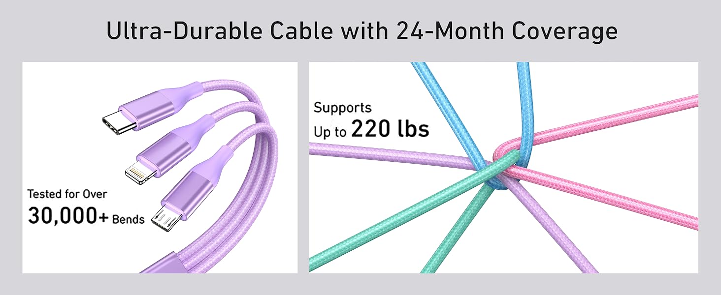 Heavy-duty 3 prong charger cord multi charging cable 3 in 1 usb c cell phone charger cord durable