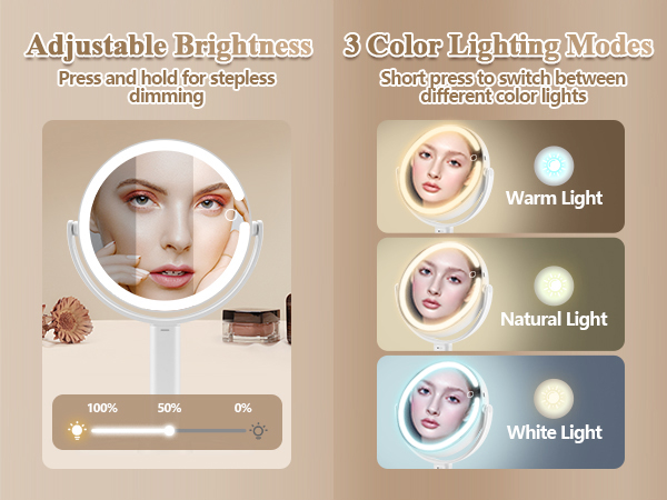 Text reads 'Adjustable Brightness', 'Natural Light', 'Warm Light', 'White Light'. Marketing panels showing lighting options with different illumination settings.
