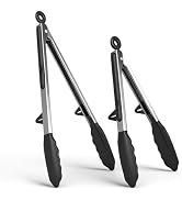Kitchen Tongs Set of 2 (9” & 12”) – Stainless Steel & Silicone Cooking Tongs with Built-in Stand ...