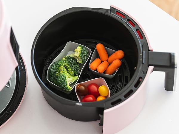 Rectangle and square baking cups in an air fryer with vegetables
