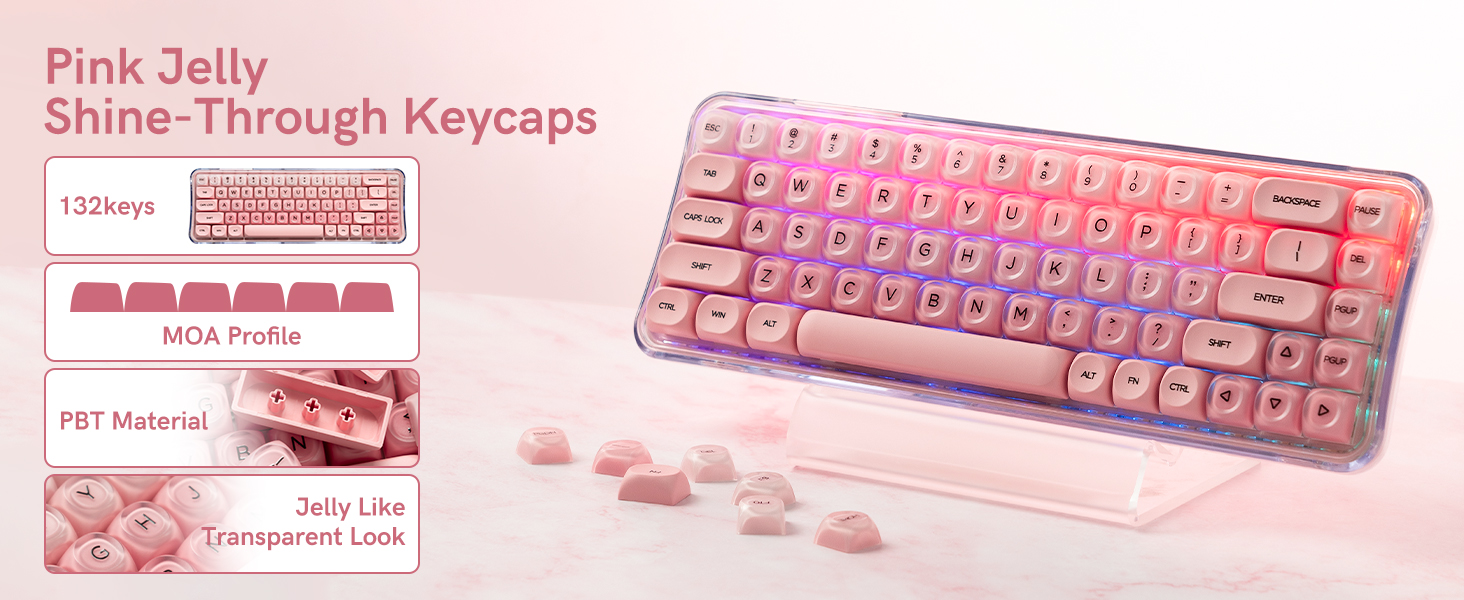 A keyboard featuring pink jelly shine-through keycaps, with 132 keys