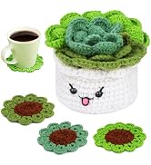 FTEVEN Crochet Kit for Beginners, 3PCS Coasters Potted Plants Crochet Starter Kit for Beginners A...