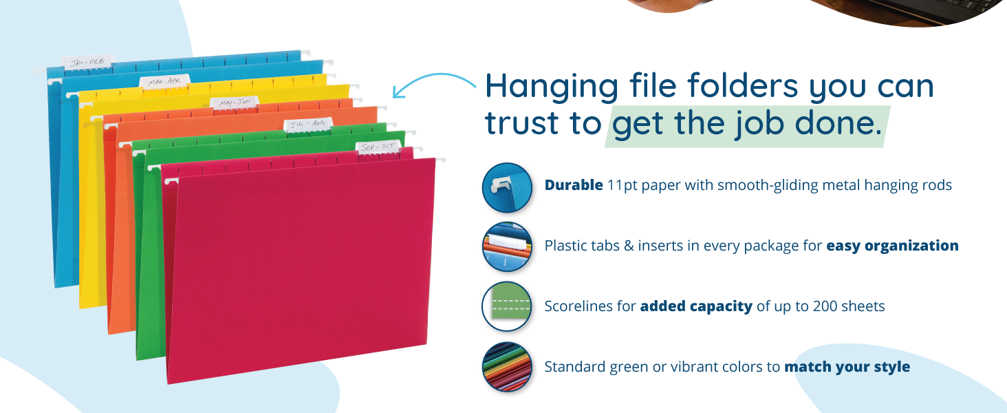 Features description of hanging file folders with assorted color image
