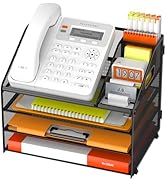 DocNest 4 Tier Metal Mesh Desk Organizer with Phone Stand & Pen Holder – Heavy Duty Desktop File ...
