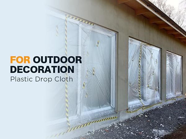Clear plastic drop cloths ensure visibility while paint cover plastic dries.