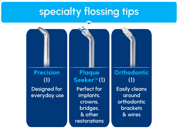 Image of Waterpik tips with text reading specialty flossing tips.