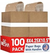 MESHA Brown Paper Bags with Handles, 100 Pack, 8 x 4.25 x 10.5 Inch Kraft Gift Bags Bulk, Recycle...