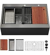 UFaucet 33x22 Inch Black Drop In Farmhouse Sink, 33 Inch Gunmetal Black Top Mount Farmhouse Kitch...
